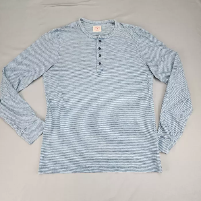 Brooks Brothers Red Fleece Henley Shirt Men's L Blue Striped Long Sleeve Cotton - Front