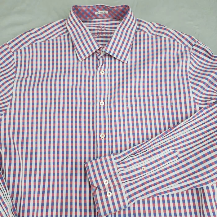 Bugatchi Uomo Mens 2XL Shaped Fit Button Up Shirt Pink Blue Check Cotton - Main