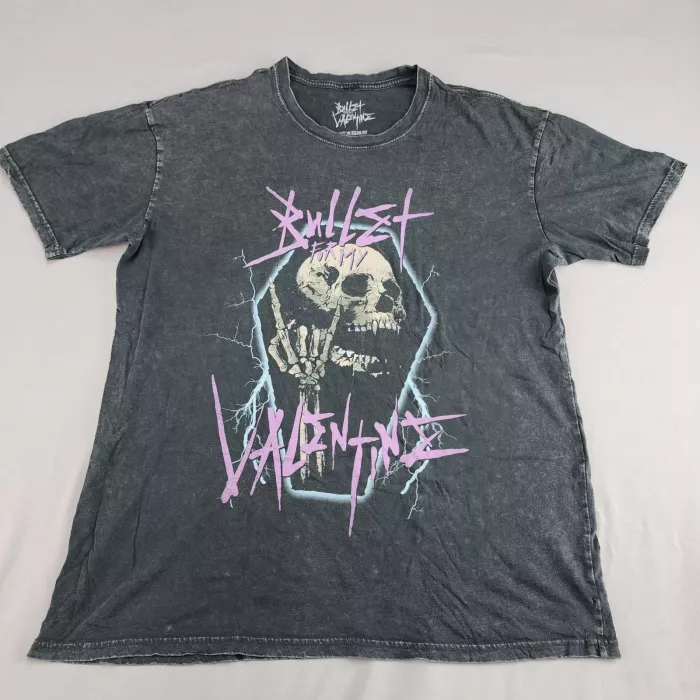 BULLET FOR MY VALENTINE Men's L Distressed Gray Skull Graphic Band T-Shirt - Front