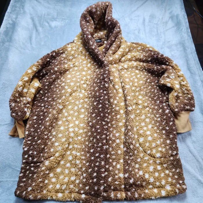 BumbleBella Jill Martin Sherpa Cardigan Petite L/XL Deer Print Hooded Brown Fawn - Front