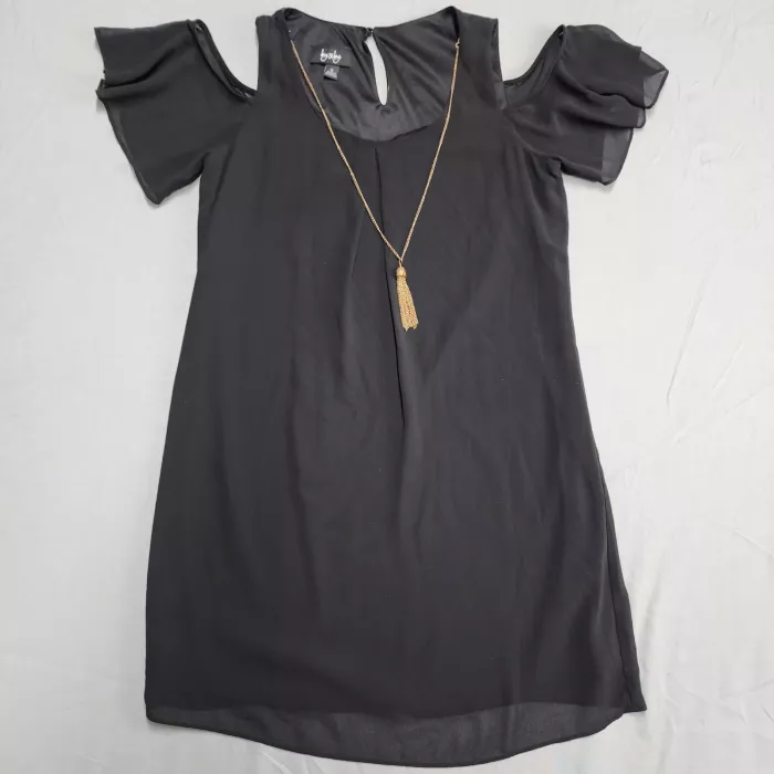 By and By Womens Dress M Black Cold Shoulder Ruffle Shift Lined With Necklace - Front