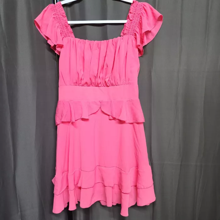 Byinns Womens L Pink Tiered Ruffle Mini Dress Square Neck Smocked Short Sleeve - Front