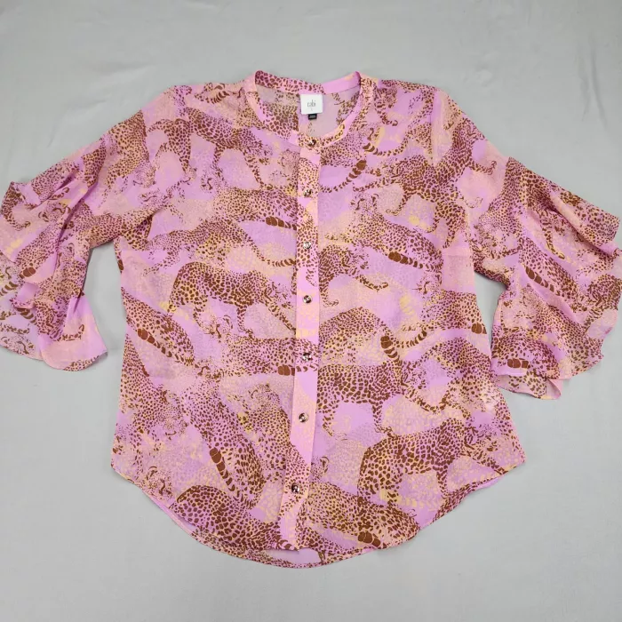 Cabi Blouse Size L Pink Cheetah Animal Print Chiffon Ruffle 3/4 Sleeve Button - Front