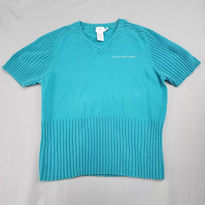 Calvin Klein Jeans Women L Teal Short Sleeve V-Neck Ribbed Cotton Knit Sweater - Front