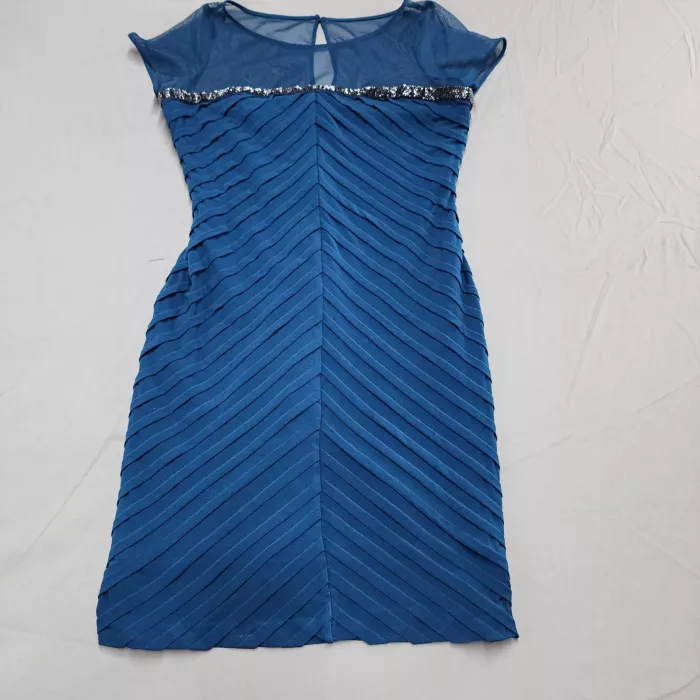 Calvin Klein Navy Blue Sheath Dress Womens Size 12 Mesh Yoke Sequin Pleated - Front