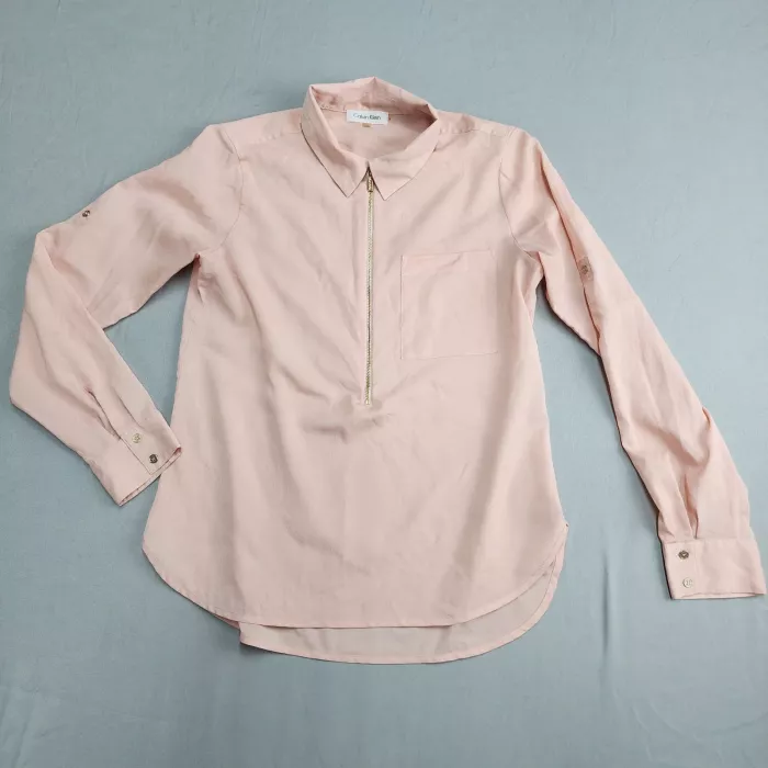Calvin Klein Womens Blouse XS Light Pink Half Zip Roll Tab Sleeve Pocket Top - Front