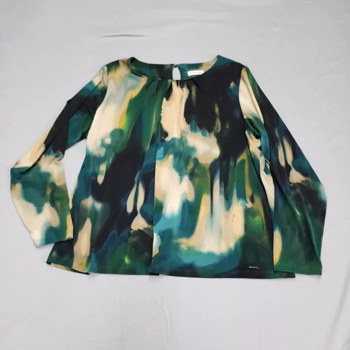 Calvin Klein Womens L Abstract Pleated Keyhole Blouse Long Sleeve Green Stretch - Front
