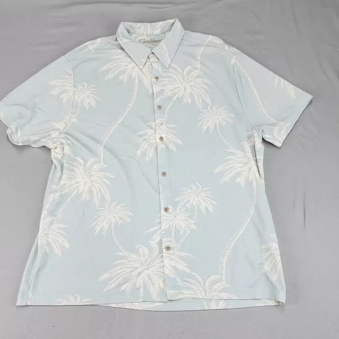 Caribbean Mens XL Light Blue Tropical Palm Tree Hawaiian Button Up Shirt Modal - Front