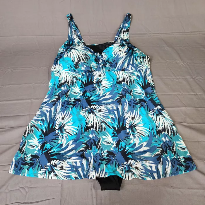 CATHERINE'S Swimdress One Piece Swimsuit 34W Plus Blue Teal Floral Skirted - Front