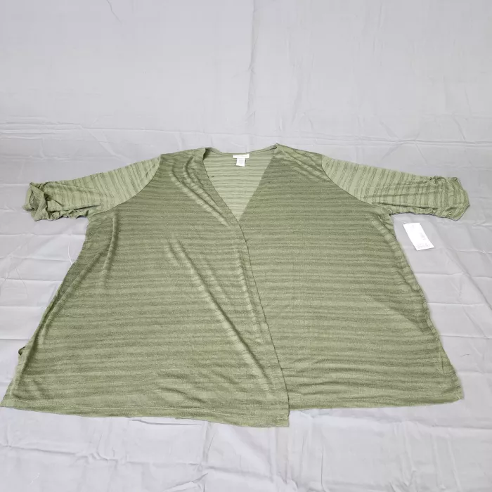 Catherines 4X Plus Olive Green Open Front Cardigan Sweater Short Sleeve Striped - Front