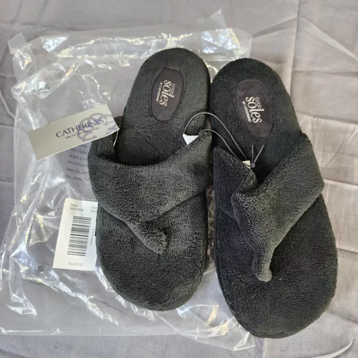 Catherines Good Soles Womens Thong Slippers Dark Green Fleece Size XL 11W 12W - Main