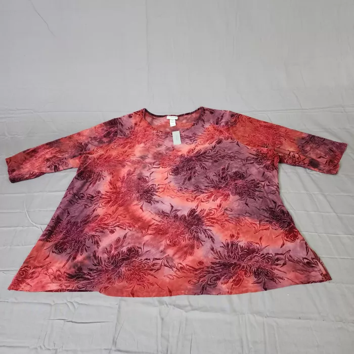 Catherines Womens 4X Plus Tunic Blouse Multicolor Floral Burnout 3/4 Sleeve - Front
