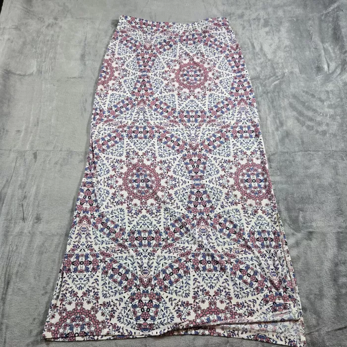 Cato Maxi Skirt Womens Medium Floral Medallion Pink Blue Stretch Side Slit Long - Front
