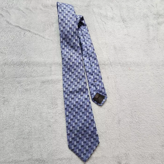 Celine Men's Tie Blue 100% Silk Triomphe Chain Link Geometric Logo Made Italy - Front