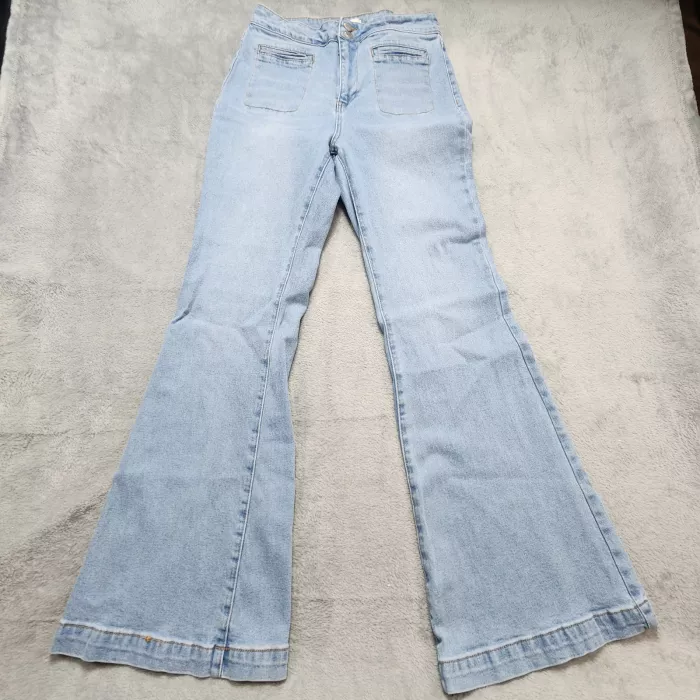 Ceros Womens High Rise Flare Jeans Light Blue Stretch Patch Pockets Size 32x33 - Front