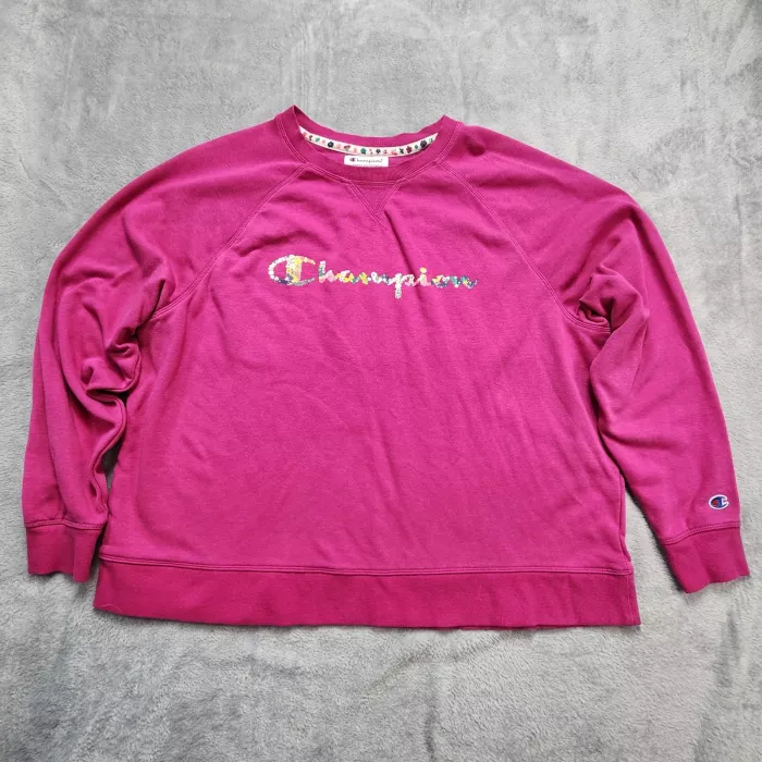 Champion Sweatshirt Women's 3X Pink Floral Embroidered Logo Crewneck Fleece Plus - Front