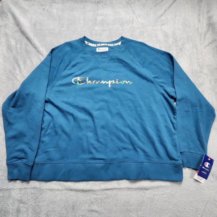Champion Sweatshirt Women's Plus Size 3X Teal Blue Sequin Logo Pullover Wicking - Front