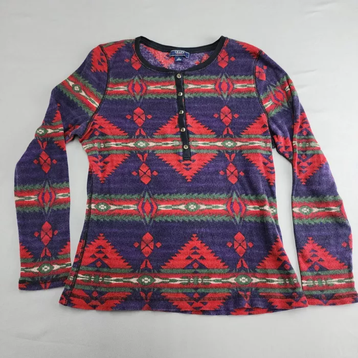 CHAPS DENIM Henley Shirt Women's S Multicolor Geometric Waffle Knit Long Sleeve - Front