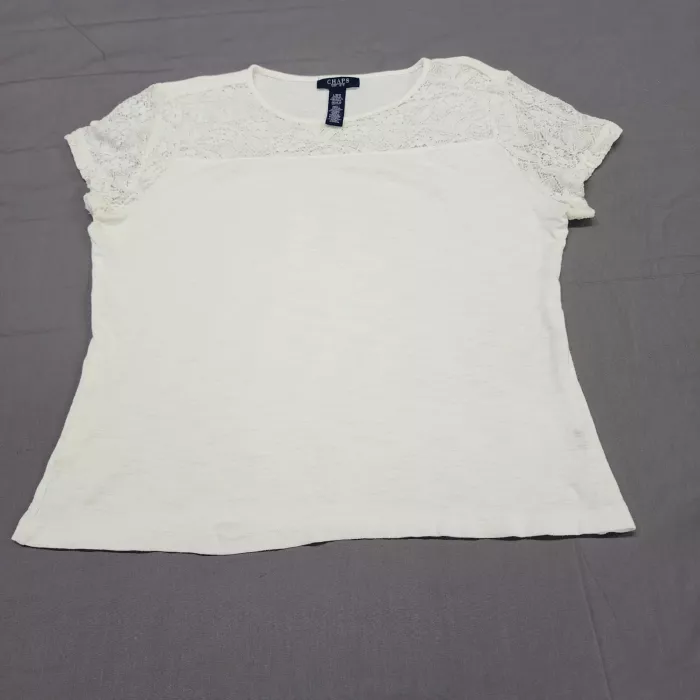Chaps Women's L White Lace Yoke Short Sleeve Cotton Blend T-Shirt Top - Front