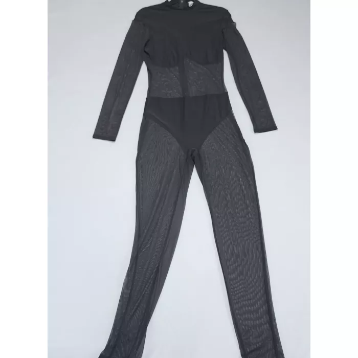 Cherie Los Angeles Black Sheer Mesh Jumpsuit Womens L Long Sleeve Mock Neck - Front
