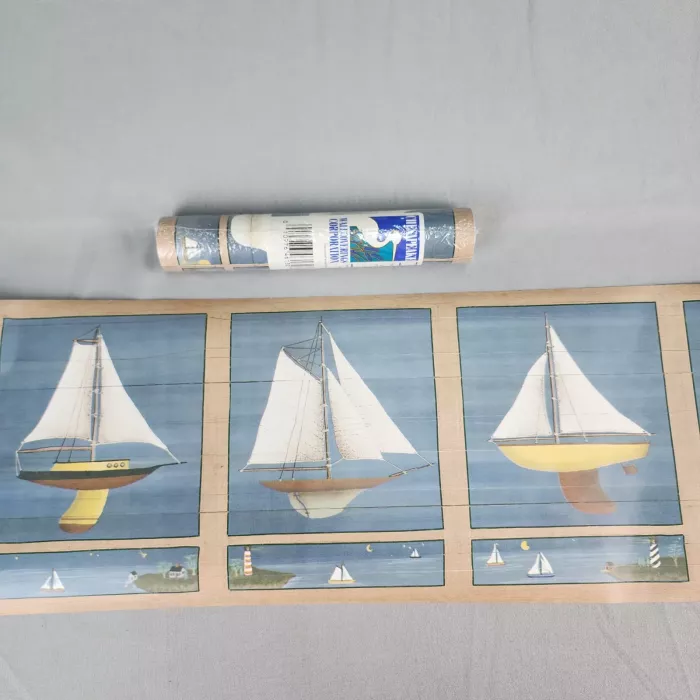 Chesapeake Nautical Scenic Blue Tan Vinyl Wallpaper Border Prepasted New - Main