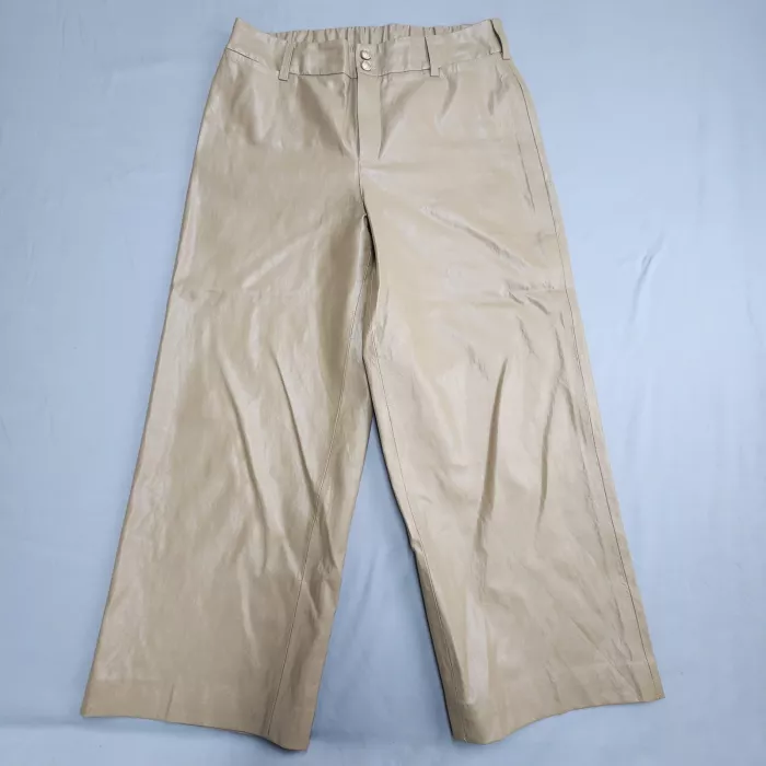 Chico's Faux Leather Wide Leg Pants Women's Size 10 1.5R Beige High Rise Coated - Front