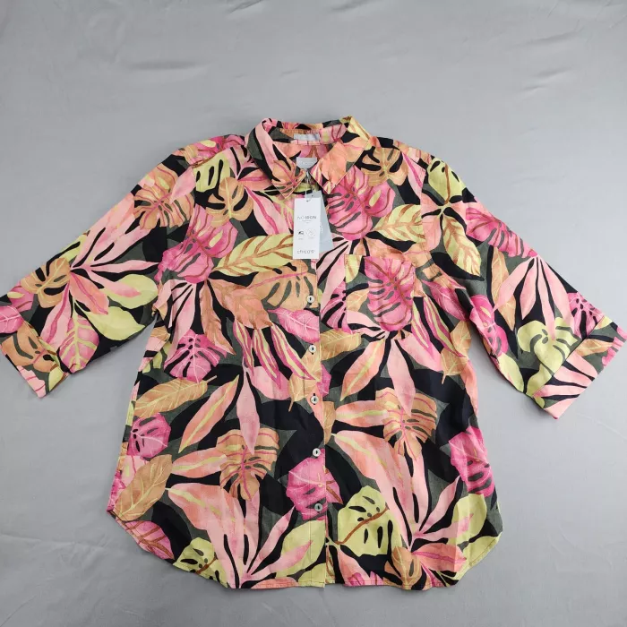 Chico's Tropical Print Linen Blouse Women's L Pink Yellow Black 3/4 Sleeve NO IR - Front