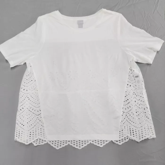 Chicos Size 3 XL White Eyelet Knit Top Short Sleeve Scalloped Hem Cotton - Front