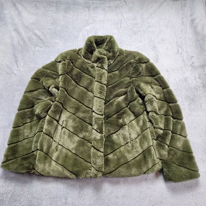 Cisono Faux Fur Jacket Women's Medium Olive Green Chevron Plush Zip Coat Lined - Front