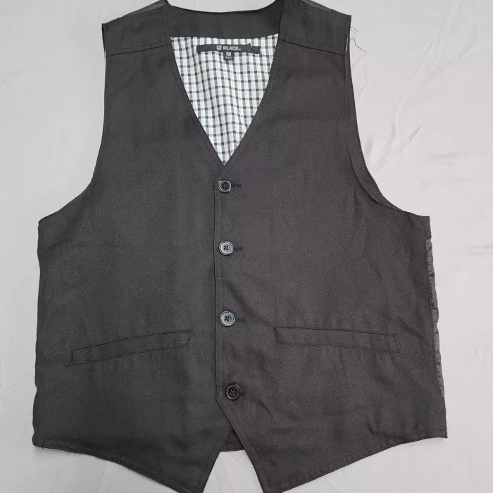 CJ Black Mens Medium Charcoal Herringbone Button Front Dress Vest Plaid Lined - Front