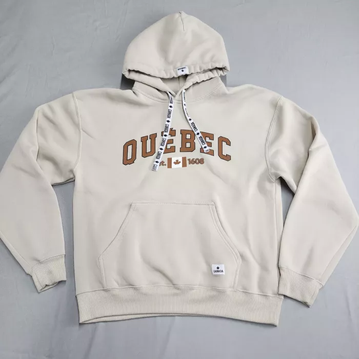 Clothing Co Canadian Vintage Quebec Graphic Hoodie Mens L Beige Pullover Fleece - Front
