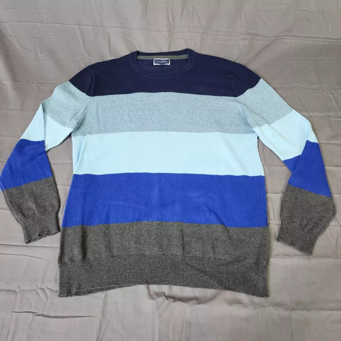 Club Room Men's L Sweater Blue Multicolor Striped Cotton Crew Neck Pullover - Front