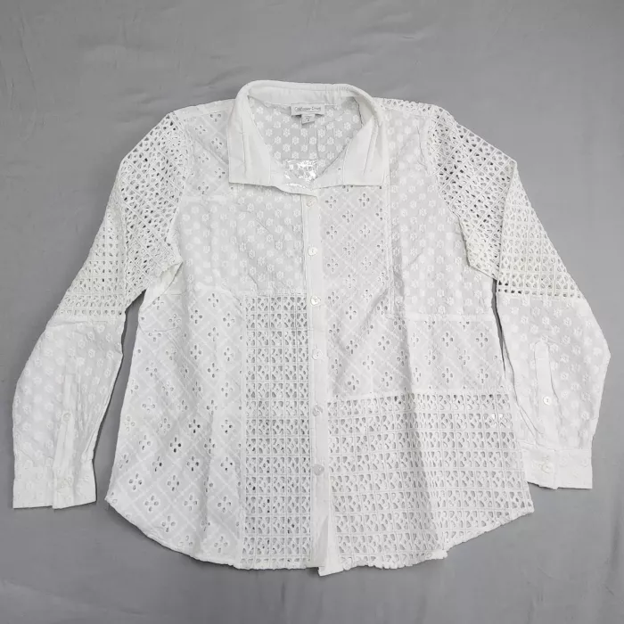 Coldwater Creek Womens White Cotton Eyelet Lace Patchwork Button Blouse Size M - Front