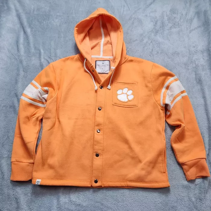 Colosseum Clemson Tigers Hoodie Women's Large Orange Varsity Jacket Snap Button - Front
