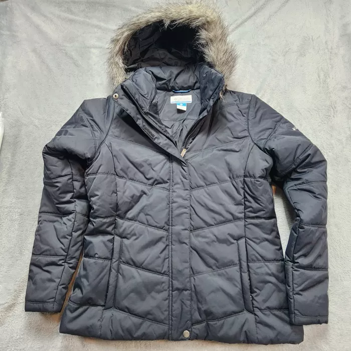 Columbia Puffer Jacket Women's L Black Faux Fur Hood Quilted Insulated Winter - Front