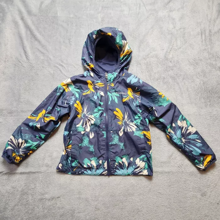 Columbia Reversible Jacket Youth M Navy Blue Floral Bird Hooded Windbreaker - Front