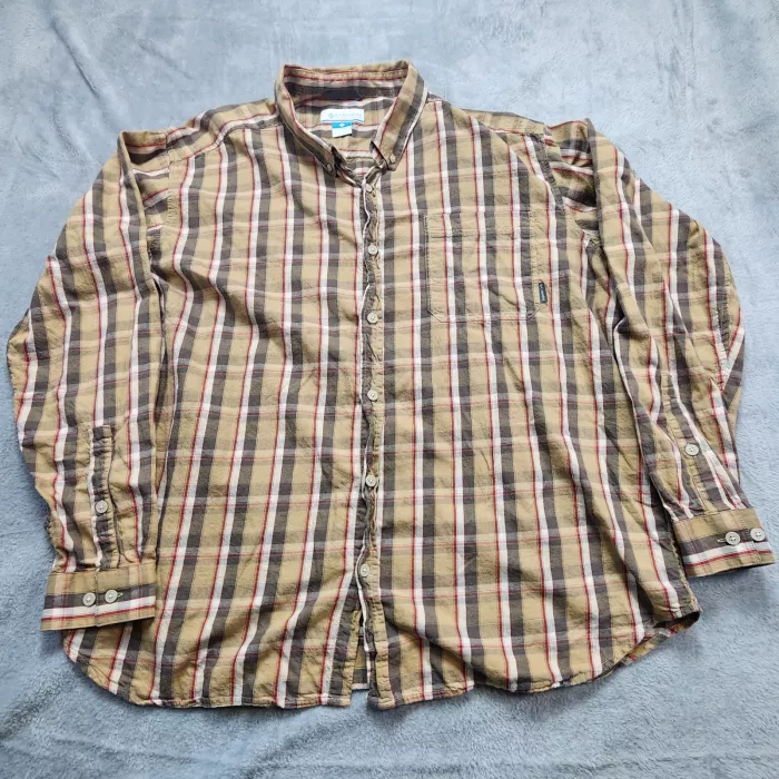 Columbia Shirt Men's XL Beige Red Plaid Button Down Long Sleeve Outdoor Casual - Front