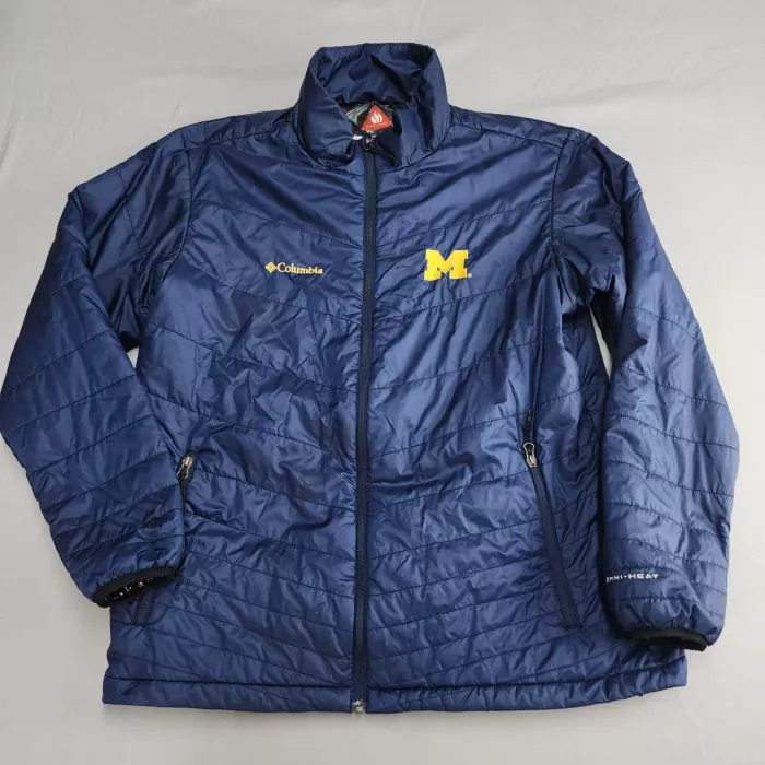 Columbia Women L Navy Blue Michigan Wolverines Puffer Jacket Omni-Heat - Front