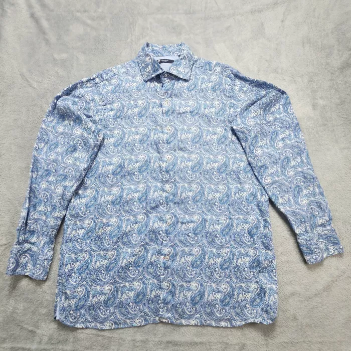 Cremieux Classics Linen Shirt Men's Large Blue Paisley Long Sleeve Button Up - Front