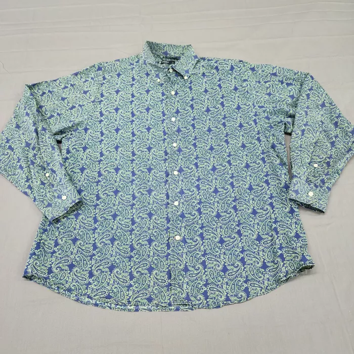Cremieux Men's XL Blue Green Paisley Button Up Shirt Long Sleeve 100% Cotton - Front
