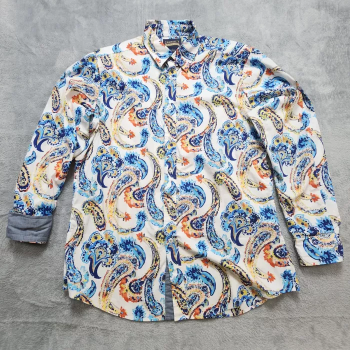 Cremieux Premium Denim Shirt Men's L Paisley Blue Orange Stretch Button Down - Front