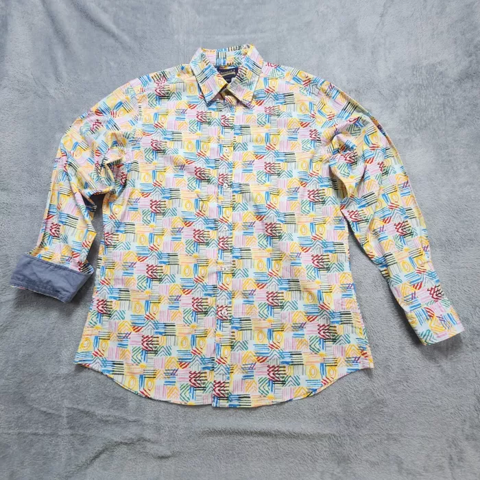 Cremieux Premium Denim Shirt Men's Large Geometric Stretch Cotton Long Sleeve L - Front