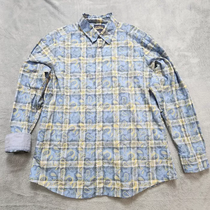 Cremieux Premium Denim Shirt Men's XL Blue Paisley Plaid Long Sleeve Button Up - Front