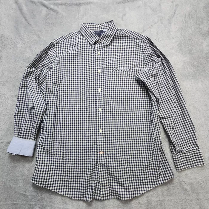 Cremieux Shirt Men's XL Slim Fit Navy Blue White Gingham Check Button Up Cotton - Front