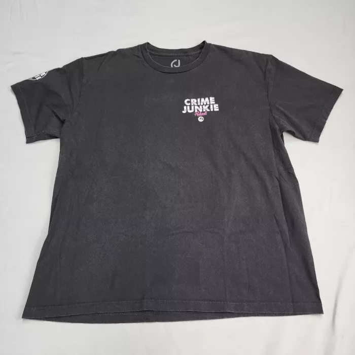 Crime Junkie Podcast Shirt Mens XL Black Graphic Tee Double Sided Sleeve Print - Front