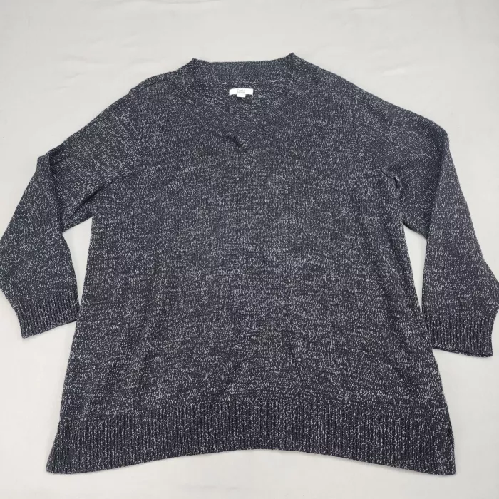 Croft & Barrow Women's Plus 2X Sweater V-Neck Black White Marled Cotton Blend - Front
