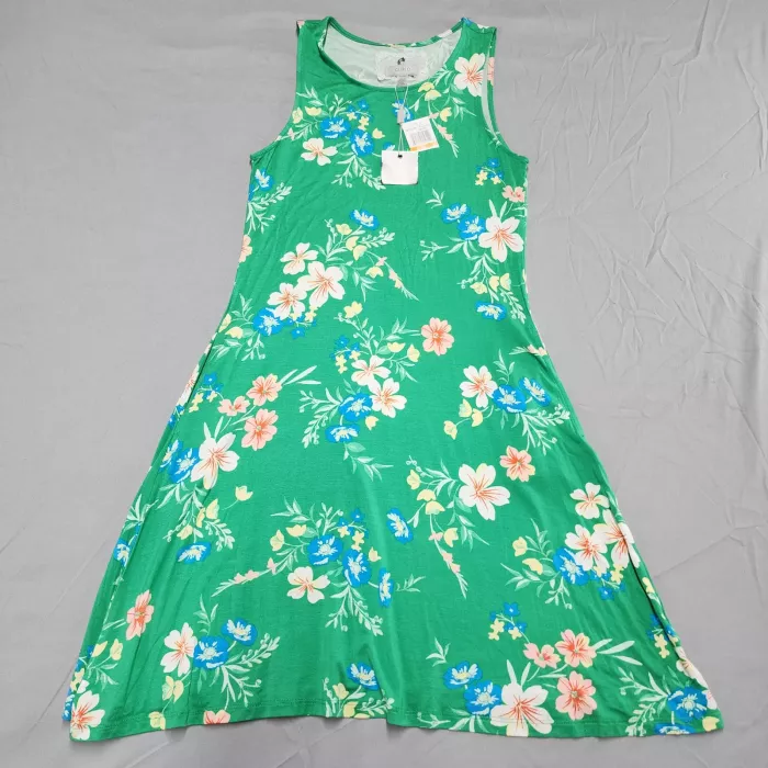 Cupio Dress Womens S Green Floral A-Line Sleeveless Scoop Neck Stretch - Front