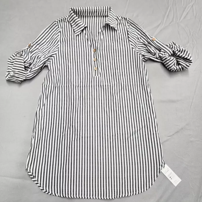 Cupshe Women's L Striped Tunic Top Black White V-Neck Roll Tab Sleeve Blouse - Front
