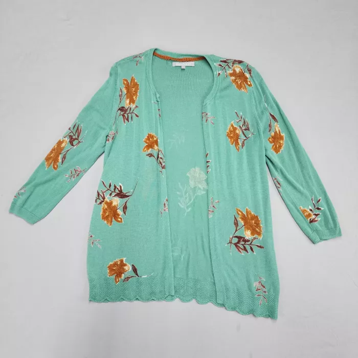 Daniel Rainn Cardigan Womens M Green Floral Open Front Scalloped 3/4 Sleeve - Front
