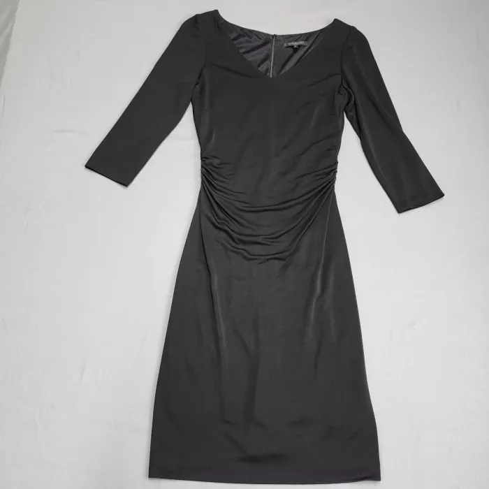 David Meister Womens Size 10 Black Ruched Sheath Dress V-Neck 3/4 Sleeve Midi - Front